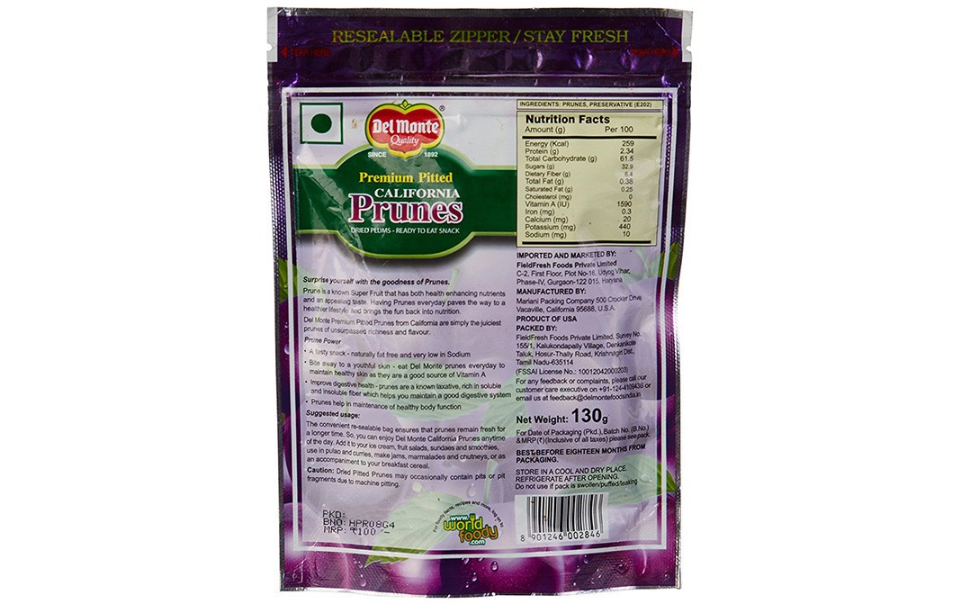Del Monte Premium Pitted California Prunes   Pack  130 grams